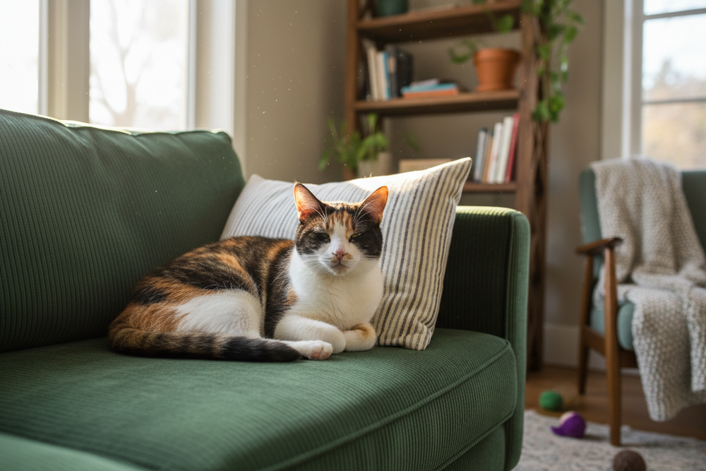 Katze auf grünem Kord sofa